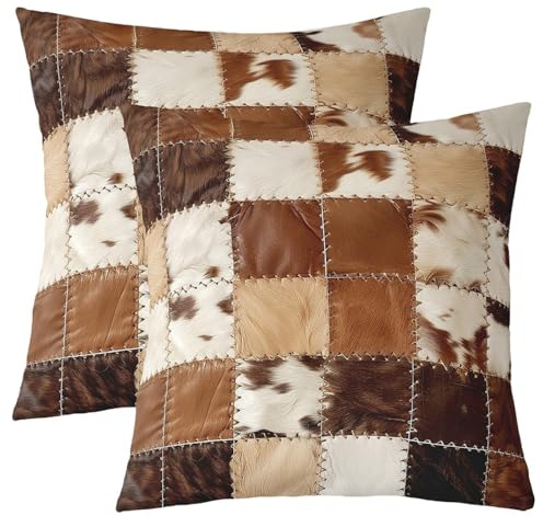 Loussiesd Juego de 2 fundas de cojín de piel de vaca con estampado de patchwork, 40 x 40 cm, fundas de almohada occidentales de granja de piel de vaca, cojín decorativo para el hogar, sofá, cama, sofá