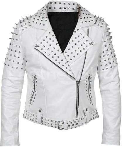 ZM ATTIRE Herren-Lederjacke, Punkrock, Nieten, perfekt formend, kurze Mäntel, Weiß - Echtes Leder, M