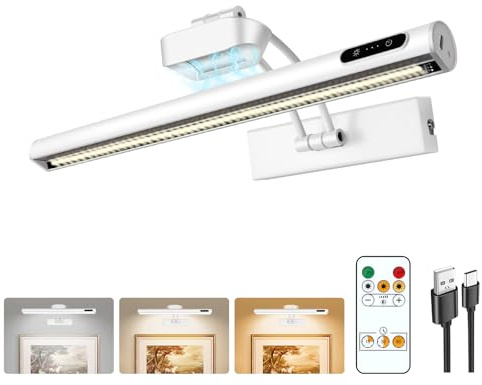 Magnetic Cordless Picture Light with Remote/Touch Control & Timer, 3CCT Dimmable, Angle Adjustable 16in Metal Wall Lights with 5000mAh Battery for Artwork, Painting, Portrait, Gallery, Photo, White