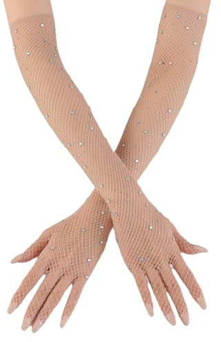 JIHUOO Guanti a rete con strass lunghi e scintillanti, guanti da opera, guanti alla moda, guanti da tè per feste di Halloween, Colore carne., 45 cm
