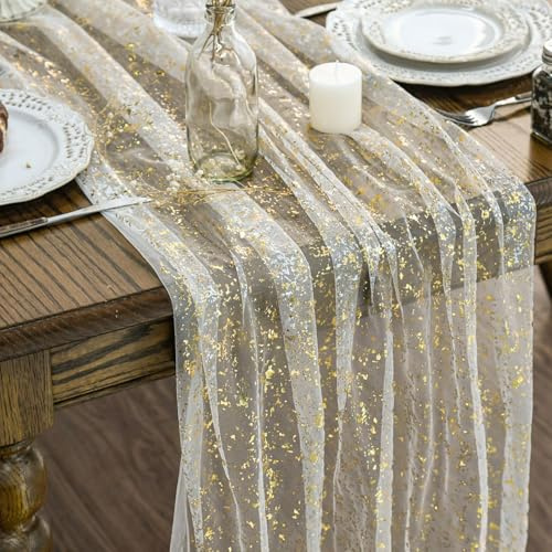 Artoid Mode Gaze Tulle Beige Doré Lot de 6 Chemin de Table 70 x 300 cm, Feuille d’Or Décoration de Table Cuisine Vacances Anniversaires Mariages Fête