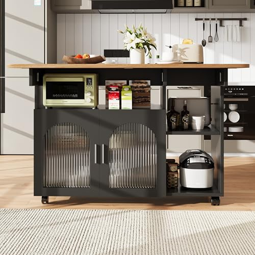 Wyibwy Carrello da cucina,isola da cucina su ruote con piano di lavoro pieghevole,mobili da cucina con 2 porte in vetro,carrello da pranzo con venature in legno, Mobile buffet,120x30x79.5 cm,Nero