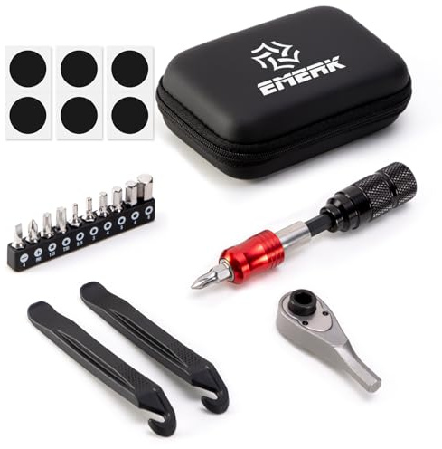 EMERK Bike Repair Tool Kit, Portable Bicycle Multi Tool with Ratchet Wrench, 10 Bits, Tire Levers & Carry Bag for Road, Mountain & E-Bike, Compact Cycling Emergency Set