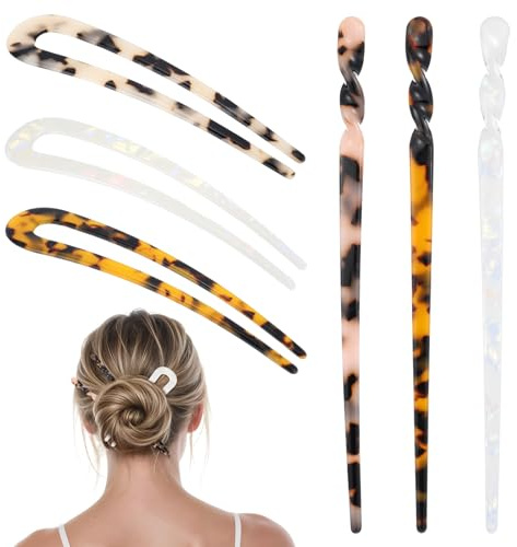 6 PCS Acetate Hair Pins Set, 2 Styles Tortoise Shell Pins Vintage U Shaped and Straight Hair Sticks, U-Shaped Straight Chopsticks Forks for Women for Styling, Updos, Buns