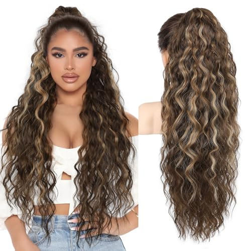 Brikabia Ponytail Extension 30 Long Claw Clip Ponytail Extensions Curly Wavy Pony Tails Hair Extensions Synthetic Hairpiece, Chocolate Brown with Highlights