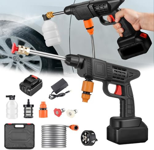 Idropulitrice a Batteria, Max 90 Bar Idropulitrice Portatile con Ugello Multispruzzo 6 in 1, Tubo da 5M, Lancia di Prolunga, Strumento per La Pulizia Dell'auto da Esterno