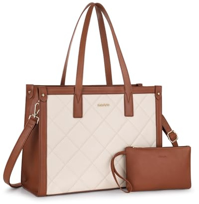 MOSISO Laptoptasche Tragetasche, 15,6 Zoll PU Leder Damen Rhombus Gesteppt Handtasche & Clutch Geldbörse, Wasserdicht Computertasche Arbeit Aktentasche für Business Büro, Braun