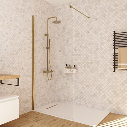 BAIKAL Mampara de Ducha. Panel Fijo de 100cm. Perfil Oro Mate. Cristal Transparente Templado 8mm de espesor. Tratamiento Antical. Alto 195 cm. Brazo recortable 60-90cm.