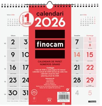 Finocam - Väggkalender stora siffror 2026 månadsvy januari - december 2026 (12 månader) | kalender 2026 | neutral katalansk månadsplanerare