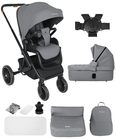 BabyVoyage Carrito bebe 2 en 1, Carro bebe con empuje reversible de dos vías 0-48 meses Hasta 26 kg, sistemas de viaje, Ruedas grandes Todoterreno 360°, Silla de paseo, plegable con un clic (gris)