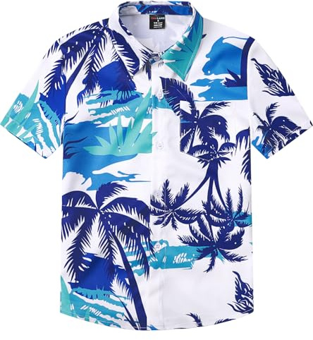 MOMBEBE COSLAND Camicia Hawaiana per Bambini, Camicia a Maniche Corte, Palme, 5-6 Anni(XSmall)