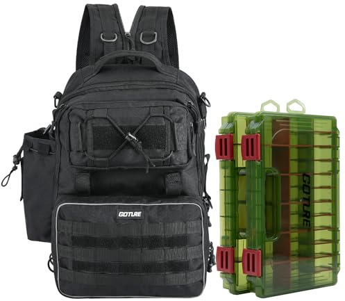 Goture Angelrucksack mit 2 Köderboxen, Rutenhalter, Angelzubehör-Tasche | Für Salzwasser- und Süßwasserfischen, viel Stauraum für Köder, Rollen, Zubehör, robust, wasserabweisend