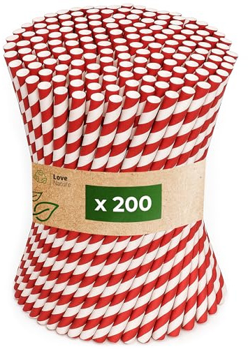 Love Nature - Paja de papel (200 piezas, pajitas desechables, color rojo y blanco, pajita de papel
