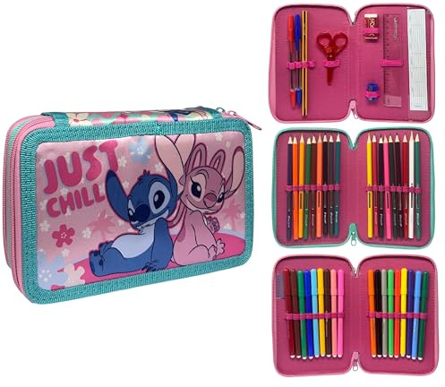 Cartoon Estuche de 3 cremalleras completo de 44 piezas para la escuela, multicompartimento, bolígrafos, lápices, colores, rotuladores Giotto, Stitch E Angel, 20 x 13 x 6 cm