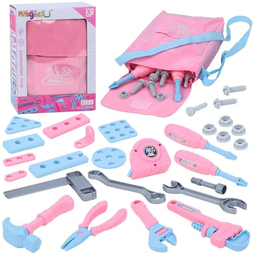 Magic4U Pink Tool Set with Tool Bag Tape Measure, Kids Pretend Play Age 3-6 | kids Tool Set with Toolbag, Hammer, Tape measure, Screwdrivers, Wrenches, Develops Motor Skills and Hand-eye Coordination