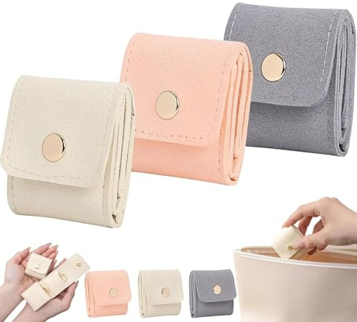 3PCS Mini Travel Jewelry Bag, Mini Travel Jewellery Pouch, Minis Travels Jewelry Roll Bag with Buckle, Portable Foldable Travel Jewelry Organizer Case for Travel Essentials, Ring(Beige+Pink+Gray)