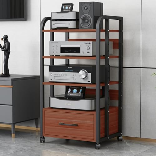 Soporte Audiovisual móvil con cajón, estantería de Audio y vídeo de 3/4 Niveles y 100 cm de Alto, Mueble para componentes de Consola, Amplificador, Equipo de música, Videojuegos, proyector y