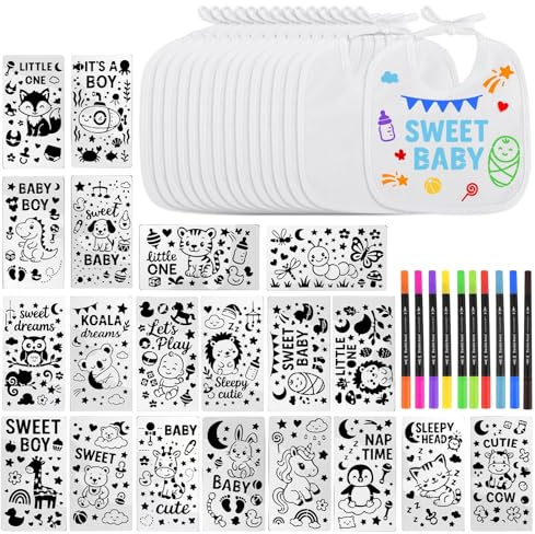 Wriligel Baberos de bebé para pintar 22x18 cm, juego de 15 baberos de algodón con 12 rotuladores acuarelables y 20 plantillas, regalo creativo para baby shower