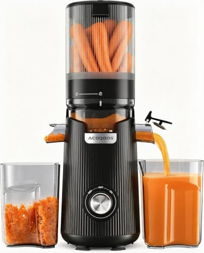 ACOQOOS Entsafter für Ganze Gemüse und Obst 135mm, Breite und Größere Fütterungsröhre, 1,8 L Füllvolumen, Leicht zu Reinigender Slow Juicer mit 2 Gläsern, Elektrische Saftpresse,Obsidianschwarz