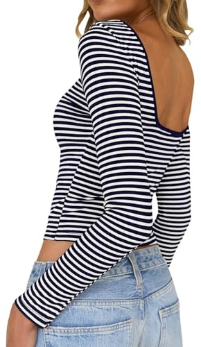 TUUHAW Camisetas de Mujer a Rayas Camiseta Manga Larga Cuello Barco Básica Top de Espalda Descubierta Ajustada Elástica Camisa Casual Ligera tee Shirts Túnica Camisas Primavera Azul Marino y Blanco M