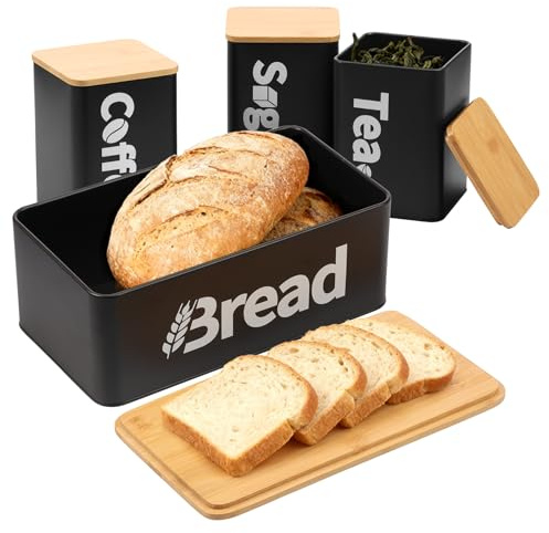 WAMEITF 4Pcs Kitchen Storage Canister Set with Bamboo Lids, Tea Sugar Coffee Bread Bin Containers, Large Capacity Bread Bin, Metal Iron Square Canisters Sets for Kitchen Counter Storage(black)