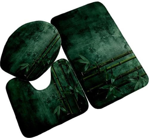 Badezimmerteppich Set 3 Teilig Dunkelgrüner Bambus WC Teppich Schnell Trocknend Badvorleger rutschfest Badgarnitur 3 Teilig Stand WC Waschbar Bad Teppiche Set Dekoration 50x80 cm