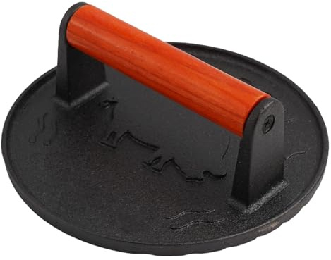 Vilgftyiet Cast Iron Burger Press with 7-Inch Diameter, Non-Stick for surface and Stay-Cool Wood Handle for Burgers, Grilled Cheese and Panini on Stove Top