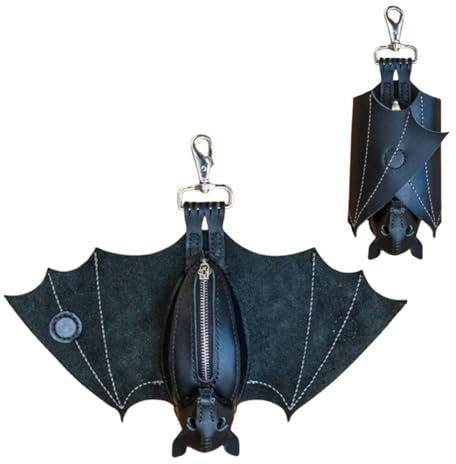 Leder-Fledermaus-Münzportemonnaie Fledermäuse Kleingeldbörse Leder, 3D Fledermäuse Münzbörse Mit Schlüsselanhänger Und Faltbar Flügeln, Gothic Münzbeutel, Bat Coin Purse (Schwarz)