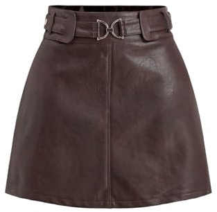 Verdusa Women's Western PU Leather Mini Skirt Buckle Belted A Line Skirts Retro Festival Outfits Burgundy Medium