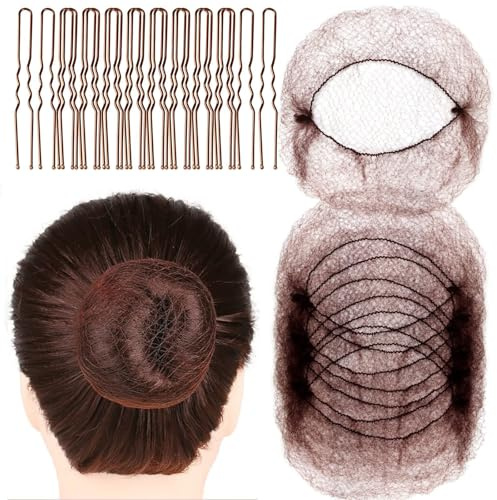 Hontaog 20 redecillas invisibles con 40 horquillas, redecilla elástica para moños, fabricación de moños para mujeres y niñas (marrón)