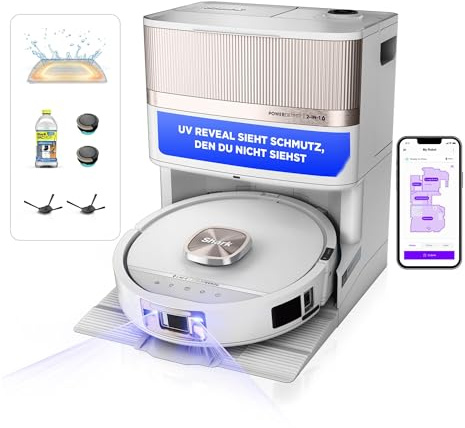 Shark PowerDetect UV Reveal Robot aspirateur et nettoyeur, station de charge auto-vidante, filtration HEPA anti-allergène, tampon auto-nettoyant et séchant, StainDetect, DirtDetect, blanc AV3000XEEUWH
