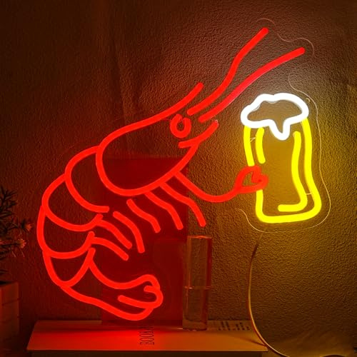 LULANMP Garnele Bier Neon Schild Hummer LED Schild Bar Leuchtreklame Rot Garnele Leuchtschild für Bar Schlafzimmer Wohnzimmer Küche Einkaufszentrum Dekoration
