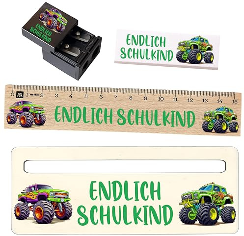 Einschulung Set Schulkind – Geschenk zur Einschulung für Jungen & Mädchen – Lineal, Radiergummi, Lesehilfe – 3 Größen (Mini, Standard, Premium) – Dino, Einhorn, Fußball (Monster Truck, Standart Set)