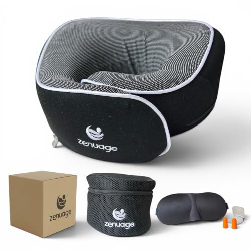 Zenuage Luxury Memory Foam Travel Neck Pillow, 100% Cotton Jersey, 360° Support, with Mesh Travel Case, Flight Cushion, Eye mask and Ear Plugs, Essentials for flying, Adjustable Size, UK Brand (Noir)