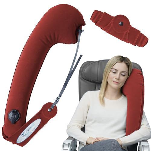 TRAVELREST Oreiller ultime de voyage et de corps, appuie-tête, voiture, bus, train, sieste au bureau, camping, fauteuils roulants, confort et soutien, s'enroule au siège d'avion et à la voiture, rouge