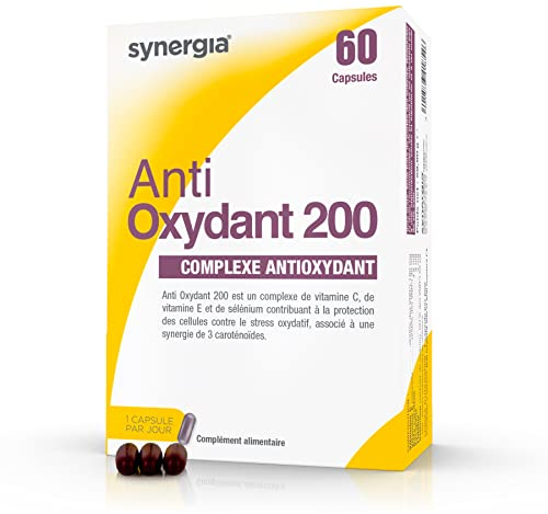 ANTIOXYDANT 200 60 Capsules | Complexe de Vitamine C, Vitamine E et de Sélénium | Contribue au ralentissement de l’agression cellulaire liée aux radicaux libres | Laboratoire SYNERGIA