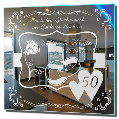 NiTec Olbernhau Motivspiegel Goldene Hochzeit 3 Geschenk Wandspiegel Spiegel mit Gravur Wandbild (30x30cm)