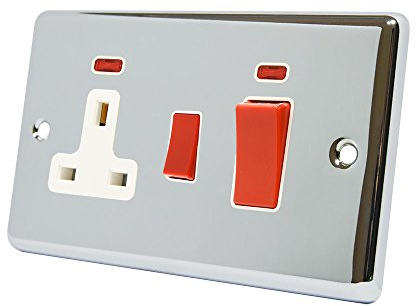 AET CPCCC2NWH 2-Gang 45 A Classical Chrome Polished White Insert Cooker Switch with 13 A Switched Plug Socket and Neon Indicators