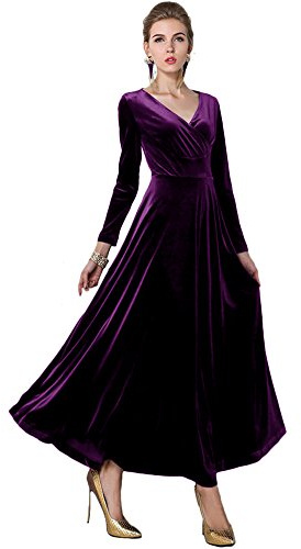 Urban GoCo Mujeres Vestidos Terciopelo Largo Elegante V-Cuello Manga Larga Maxi Vestidos para Cóctel Fiesta (XL, Morado)