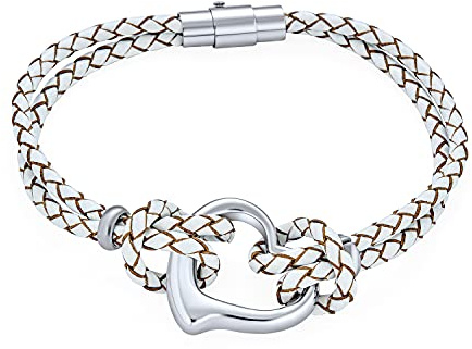 Bling Jewelry Damen Offenes Herz Weißes Geflochtenes Dünnes Geflochtenes Mehrsträngiges Lederarmband Silberfarbener Stahl Geschenk Für Freundin
