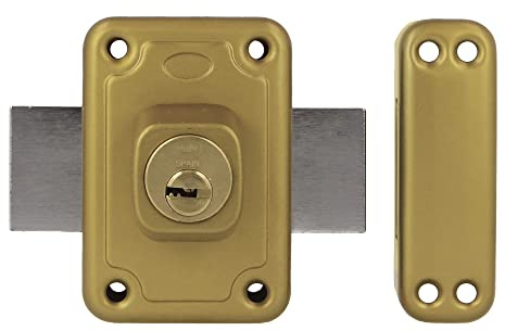 Amig - Serratura da sovrapposizione con leva di chiusura per porte in legno Mod. 81 | 96 x 66 mm | chiavistello con cilindro interno di sicurezza su entrambi i lati | acciaio smaltato oro