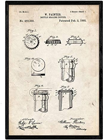 Nacnic Poster Patent Kronkorken. Blatt mit altem Design-Patent in der Größe A3 und Vintage-Hintergrund