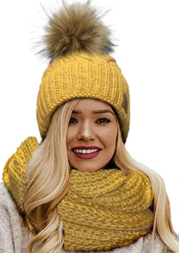 4sold Mütze & Schal Schlauchscha Damen Gerippt Winter Beanie mit Fleece Strickmütze Mohair Wolle Wurm mit Faux Fell-Bommel Bommel Pom Pom Strick Gefüttert