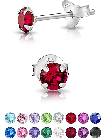 Pendientes de Botón Plata Ley 925 on Cristales Brillantes Rojo Rubí - Pendientes Pequeños Mujer Plata 925 - Punto de Luz Hipoalergénicos sin Niquel - Diámetro 4 mm