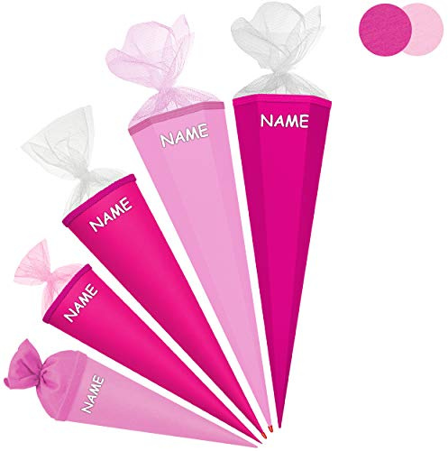 Schultüte - Rohling - PINK/kräftiges rosa - 85 cm - mit Holzspitze - 6 eckig - inkl. Name - Tüllabschluß - Zuckertüte - Roth - Jungen Mädchen - einfarbig un..