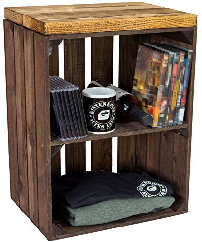 Sitzkiste Ablagetisch Sitzkiste aus unserer Johanna Obstkiste und massiven Holzplanken Schuhablage Schuhkommode Hocker aus Holz Maße 40 x 30 x 53cm L x T x H (Dunkel und Planke geflammt)
