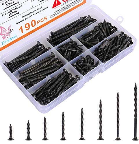 190PCS Premium Drywall Screws, Quality Black Steel #7 Sharp Point Self Tapping Screws with Phillips Drive, 8 Different Sizes Screws Assortment Set, Ideal Screw for Drywall Sheetrock, Wood and More