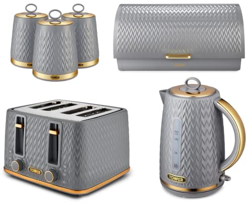 TOWER Empire Grey Kitchen Set Including Jug Kettle, 4 Slice Toaster, Bread Bin & Set of 3 Tea, Coffee & Sugar Canisters. Matching Art Deco Design Kitchen Set of 6 Items in Grey with Brass Accents
