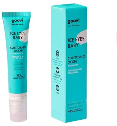 Goovi, Ice Eyes Baby Augencreme, feuchtigkeitsspendend, mildert Tränensäcke und Augenringe, belebende Wirkung für einen frischen, erholten und entspannten Blick, natürliche Inhaltsstoffe, vegan, 15 ml