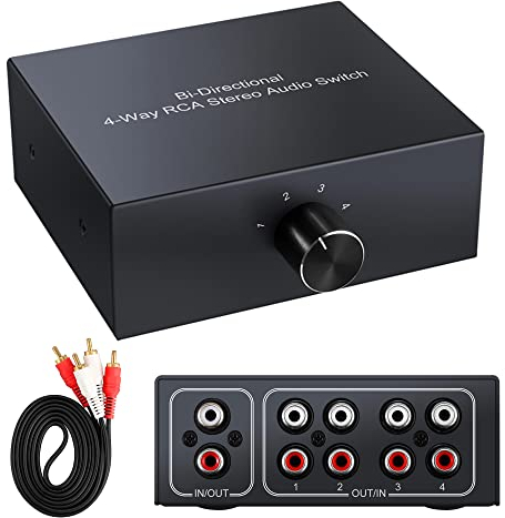 4-Wege Bidirektional L/R RCA Stereo Audio Switcher, 1 in 4 Out oder 4 in 1 Out, L/R Sound Channel Audio Splitter Audio Selector Switch Box für DVD Stereo Lautsprecher CD Player
